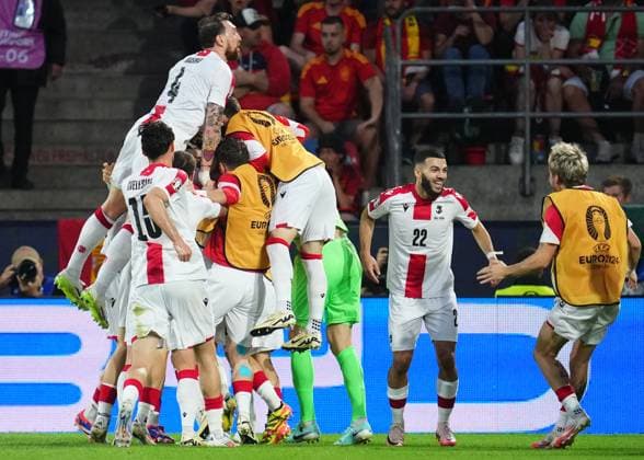 GER: Spain v Georgia. UEFA EURO, EM, Europameisterschaft,Fussball 2024 Georgia players celebrating the 0-1 during the UEFA Euro 2024 match between Spain and Georgia, Round of 16, played at Rhein Energie Stadium on June 30, 2024 in Koln, Germany. kpng Copyright: xBaguxBlancox xPRESSINPHOTOx PS_240630_ESP_GEO_010