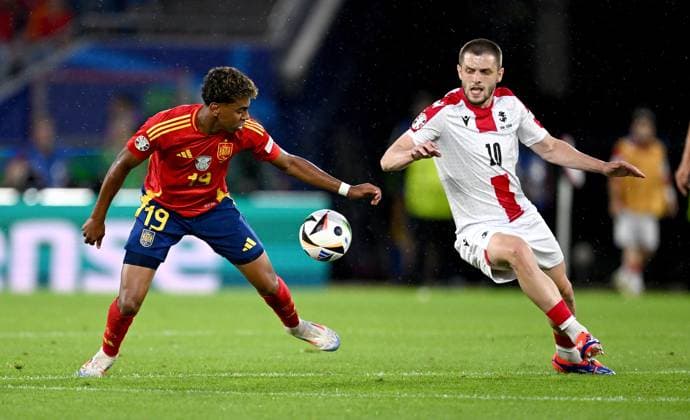 Football Euro 2024 Round of 16 30 06 2024 Spain Georgia Lamine Yamal left, Spain v Giorgi Chakvetadze right, Georgia