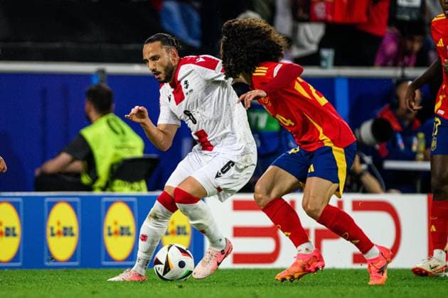 COLOGNE, GERMANY - 30 JUNE, 2024: Giorgi Kochorashvili, Marc Cucurella, The football match of EURO 2024 Spain vs Georgia at Rhein Energie Stadion  Copyright: xVITALIIxKLIUIEVx