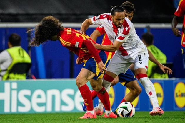 COLOGNE, GERMANY - 30 JUNE, 2024: Giorgi Kochorashvili, Marc Cucurella, The football match of EURO 2024 Spain vs Georgia at Rhein Energie Stadion  Copyright: xVITALIIxKLIUIEVx