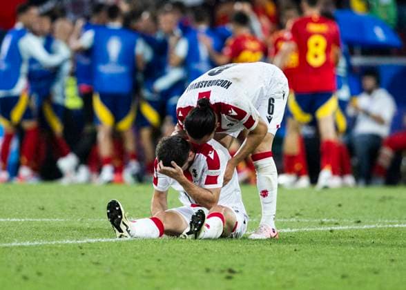 Koeln, RheinEnergieStadion, 30 06 2024 Otar Kiteishvili L and Giorgi Kochorashvili disappointed after the 1 1 goal during the match UEFA European Championship 2024 Spain vs Georgia