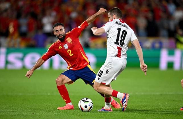 Football Euro 2024 Round of 16 30 06 2024 Spain Georgia Dani Carvajal left, Spain v Giorgi Chakvetadze right, Georgia