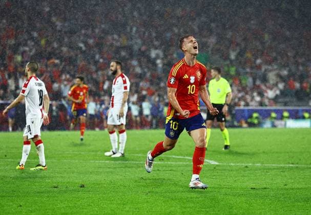 Dani Olmo of Spain celebrates scoring to make it 4-1 Spain v Georgia, UEFA European Championship, EM, Europameisterschaft 2024, Round of 16, Football, Cologne Stadium, Cologne, Germany - 30 Jun 2024 EDITORIAL USE ONLY No use with unauthorised audio, video, data, fixture lists, club league logos or live services. Online in-match use limited to 120 images, no video emulation. No use in betting, games or single club league player publications. Copyright: xMichaelxZemanek Shutterstockx 14562306bm