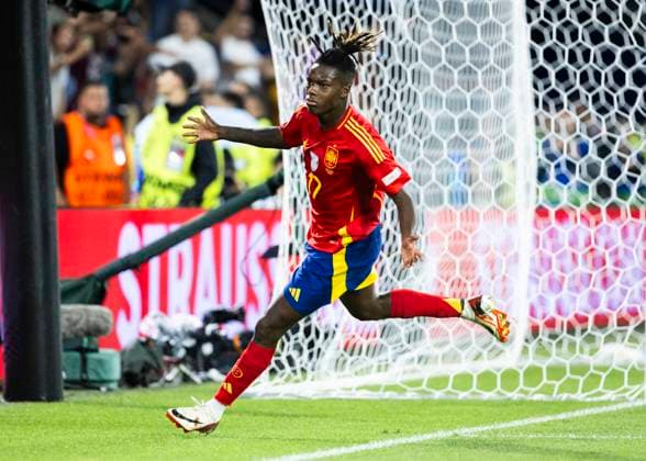 Koeln, RheinEnergieStadion, 30 06 2024 Nico Williams celebrates scoring the 3 1 goal during the match UEFA European Championship 2024 Spain vs Georgia
