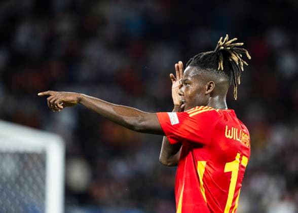 Koeln, RheinEnergieStadion, 30 06 2024 Nico Williams celebrates scoring the 3 1 goal during the match UEFA European Championship 2024 Spain vs Georgia