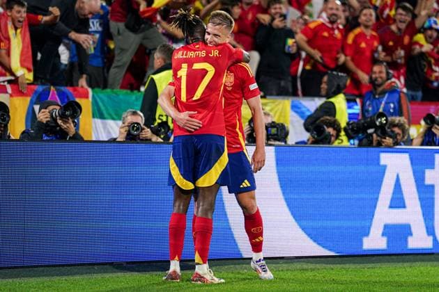 2024-06-30 Spain v Georgia - Round of 16 - UEFA EURO, EM, Europameisterschaft,Fussball 2024 COLOGNE, GERMANY - JUNE 30: Nico Williams of Spain, Dani Olmo of Spain celebrate the third goal during the Round of 16 - UEFA EURO 2024 match between Spain and Georgia at Cologne Stadium on June 30, 2024 in Cologne, Germany. (Photo by Joris Verwijst BSR Agency) Cologne Germany Content not available for redistribution in The Netherlands directly or indirectly through any third parties. Copyright: xBSRxAgencyx