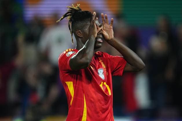 GER: Spain v Georgia. UEFA EURO, EM, Europameisterschaft,Fussball 2024 Nico Williams of Spain celebrates the 3-1 during the UEFA Euro 2024 match between Spain and Georgia, Round of 16, played at Rhein Energie Stadium on June 30, 2024 in Koln, Germany. kpng Copyright: xBaguxBlancox xPRESSINPHOTOx PS_240630_ESP_GEO_036