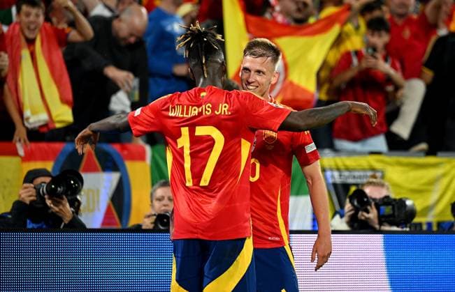 Soccer Euro 2024 Round of 16 30 06 2024 Spain Georgia Cheering Spain after the goal to 3 1 by goal scorer Nico Williams and Dani Olmo from left ,