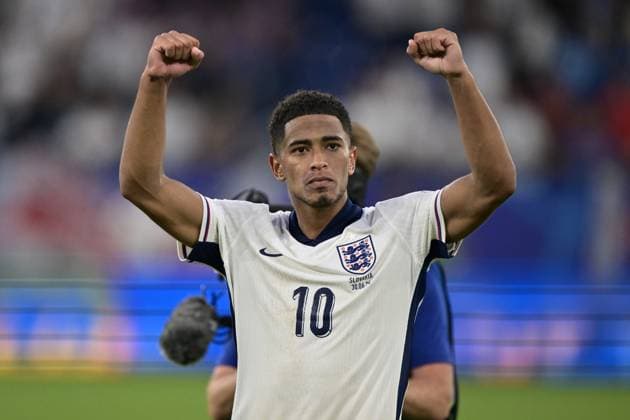 GELSENKIRCHEN, GERMANY - JUNE 30: Jude Bellingham of England celebrates winning the UEFA EURO, EM, Europameisterschaft,Fussball 2024 round of 16 match between England and Slovakia at Arena AufSchalke on June 30, 2024 in Gelsenkirchen, G England v Slovakia: Round of 16 - UEFA EURO 2024 Copyright: xSebastianxFrejx