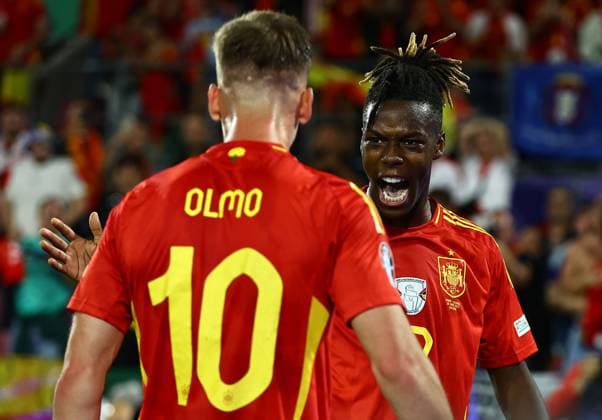 Nico Williams of Spain celebrates scoring his sides third goal with team-mate Dani Olmo Spain v Georgia, UEFA European Championship, EM, Europameisterschaft 2024, Round of 16, Football, Cologne Stadium, Cologne, Germany - 30 Jun 2024 EDITORIAL USE ONLY No use with unauthorised audio, video, data, fixture lists, club league logos or live services. Online in-match use limited to 120 images, no video emulation. No use in betting, games or single club league player publications. Copyright: xMichaelxZemanek Shutterstockx 14562306cw