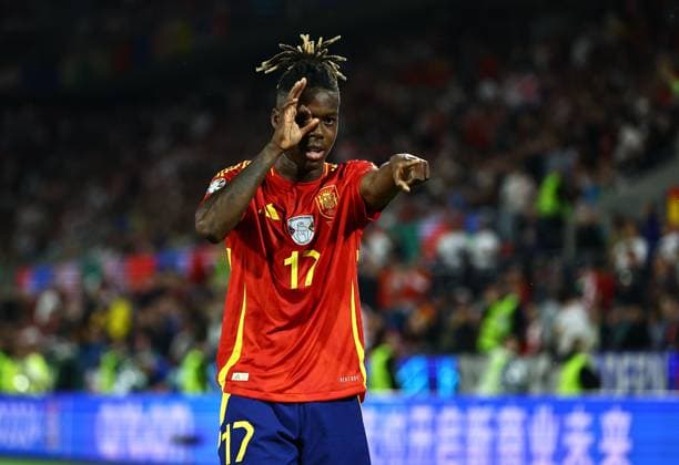 Nico Williams of Spain celebrates scoring his sides third goal Spain v Georgia, UEFA European Championship, EM, Europameisterschaft 2024, Round of 16, Football, Cologne Stadium, Cologne, Germany - 30 Jun 2024 EDITORIAL USE ONLY No use with unauthorised audio, video, data, fixture lists, club league logos or live services. Online in-match use limited to 120 images, no video emulation. No use in betting, games or single club league player publications. Copyright: xMichaelxZemanek Shutterstockx 14562306cy