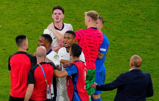 Declan Rice of England losing his temper after final whistle with Slovakian coaches England v Slovakia, UEFA European Championship, EM, Europameisterschaft 2024, Round of 16, Football, Arena AufSchalke, Gelsenkirchen, Germany - 30 Jun 2024 EDITORIAL USE ONLY No use with unauthorised audio, video, data, fixture lists, club league logos or live services. Online in-match use limited to 120 images, no video emulation. No use in betting, games or single club league player publications. Copyright: xDavexShopland Shutterstockx 14562222ex