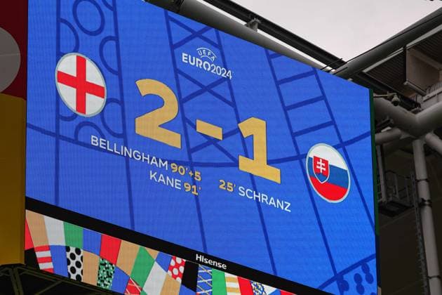 Euro 2024 England Slovakia on 30 06 2024 in the Arena AufSchalke in Gelsenkirchen Scoreboard video screen with the official final score 2 to 1 Feature, symbol, symbolic photo, characteristic, detail MH