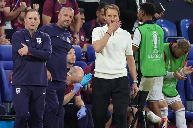 Euro 2024 England Slovakia on 30 06 2024 at the Arena AufSchalke in Gelsenkirchen Coach Head Coach Gareth Southgate England pensive MH