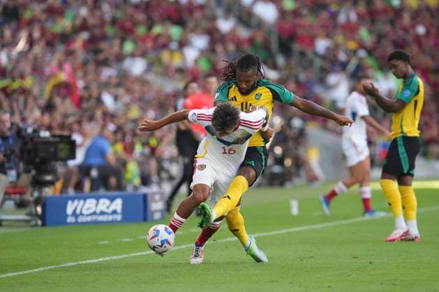 June 30, 2024, Austin, Tx, United States: TELASCO JOSE SEGOVIA of Venezuela (16) is blocked from a shot to the goal by KASEY REMEL PALMER (14) of Jamaica early in first half action in the Group B final stage match of the CONCACAF Copa America 2024 at Austin s Q2 Stadium on June 30, 2024. Venezuela eliminated Jamaica, 3-0 to advance to the quarter finals. Austin United States - ZUMAd150 20240630_znp_d150_021 Copyright: xBobxDaemmrichx