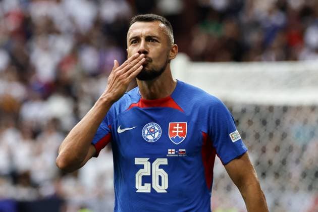 England v Slovakia: Round of 16 - UEFA EURO, EM, Europameisterschaft,Fussball 2024 Ivan Schranz of Slovakia is celebrating his goal during the UEFA Euro 2024 round of 16 football match between England and Slovakia at the Arena AufSchalke in Gelsenkirchen, Germany, on June 30, 2024. Gelsenkirchen Germany  Copyright: xIbrahimxEzzatx originalFilename:ezzat-notitle240630_nphQB.jpg