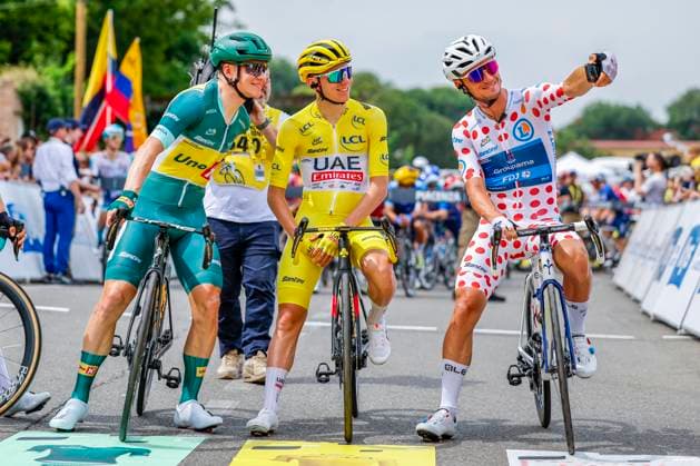 Tour de France 2024 - Stage 03 TURIN, ITALY - JULY 01 : Pogacar Tadej (SVN) of UAE Team Emirates, Madouas Valentin (FRA) of Groupama - FDJ, Abrahamsen Jonas (NOR) of Uno-X Mobility at the start during stage 3 of the 111th edition of the Tour de France 2024 cycling race, a stage of 230,5 kms with start in Plaisance and finish in Turin on July 01, 2024 in Turin, Italy, 01 07 2024 Turin Italy  Copyright: xJanxDexMeuleneirx
