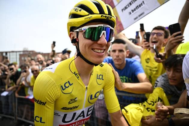 Slovenian Tadej Pogacar of UAE Team Emirates wearing the yellow jersey of leader in the overall ranking pictured at the start of stage 3 of the 2024 Tour de France cycling race, from Plaisance, Italy to Turin, Italy (230,5 km) on Monday 01 July 2024. The 111th edition of the Tour de France starts on Saturday 29 June and will finish in Nice, France on 21 July. JASPERxJACOBS  x95616063x