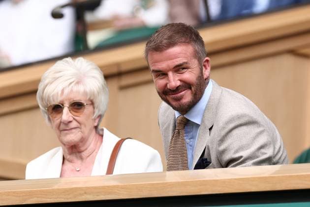 1st July 2024; All England Lawn Tennis and Croquet Club, London, England; Wimbledon Tennis Tournament, Day 1; David Beckham sits in the royal box with his mum Sandra Georgina West  ActionPlus12662369 ShaunxBrooks