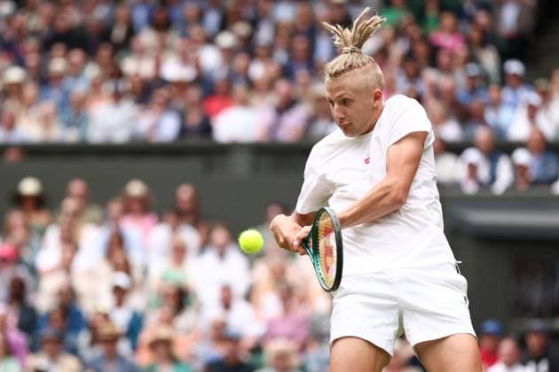 1st July 2024; All England Lawn Tennis and Croquet Club, London, England; Wimbledon Tennis Tournament, Day 1; Mark Lajal (EST) in action during his first round match against Carlos Alcaraz (ESP)  ActionPlus12662373 ShaunxBrooks