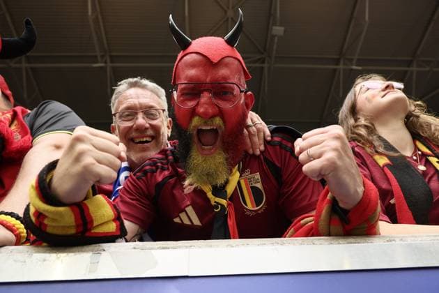 Red devils fan Olivier Didion pictured in th estands ahead of a soccer game between France and Belgian national soccer team Red Devils, Monday 01 July 2024 in Dusseldorf, Germany, the Round of 16 game in the UEFA EURO, EM, Europameisterschaft,Fussball 2024 European championships. BRUNOxFAHY  x95635991x