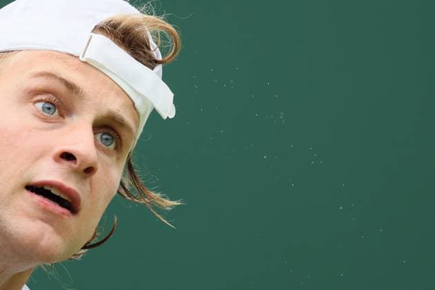 Belgian Zizou Bergs reacts during a tennis match between Belgian Bergs and French Cazaux, in the first round of the men s singles competition of the 2024 Wimbledon grand slam tournament at the All England Tennis Club, in south-west London, Britain, Monday 01 July 2024. BENOITxDOPPAGNE  x95637228x