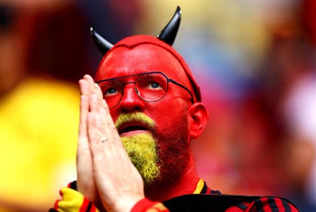 A Belgium fan with face paint and horns, chants in the stadium ahead of the game France v Belgium, UEFA European Championship, EM, Europameisterschaft 2024, Round of 16, Football, Dusseldorf Arena, Dusseldorf, Germany - 01 Jul 2024 EDITORIAL USE ONLY No use with unauthorised audio, video, data, fixture lists, club league logos or live services. Online in-match use limited to 120 images, no video emulation. No use in betting, games or single club league player publications. Copyright: xKieranxMcManus Shutterstockx 14566634i