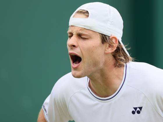 Belgian Zizou Bergs reacts during a tennis match between Belgian Bergs and French Cazaux, in the first round of the men s singles competition of the 2024 Wimbledon grand slam tournament at the All England Tennis Club, in south-west London, Britain, Monday 01 July 2024. BENOITxDOPPAGNE  x95637508x