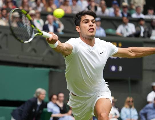 Lawn Tennis - 2024 Wimbledon Championship - Carlos Alcaraz (Esp) v Mark Lajal (Est) - All England Lawn Tennis & Croquet Club - Monday 1st July 2024 Carlos Alcaraz (Esp) 