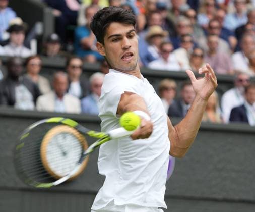 Lawn Tennis - 2024 Wimbledon Championship - Carlos Alcaraz (Esp) v Mark Lajal (Est) - All England Lawn Tennis & Croquet Club - Monday 1st July 2024 Carlos Alcaraz (Esp) 