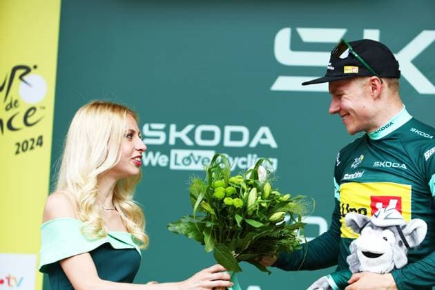 Norwegian Jonas Abrahamsen of Uno-X Mobility celebrates on the podium in the green jersey of leader in the sprint ranking after stage 3 of the 2024 Tour de France cycling race, from Plaisance, Italy to Turin, Italy (230,5 km) on Monday 01 July 2024. The 111th edition of the Tour de France starts on Saturday 29 June and will finish in Nice, France on 21 July. DAVIDxPINTENS  x95639766x