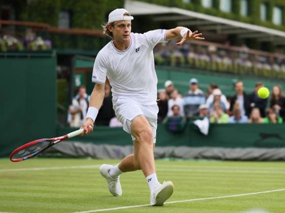 Belgian Zizou Bergs pictured in action during a tennis match against French Cazaux, in the first round of the men s singles competition of the 2024 Wimbledon grand slam tournament at the All England Tennis Club, in south-west London, Britain, Monday 01 July 2024. BENOITxDOPPAGNE  x95640139x