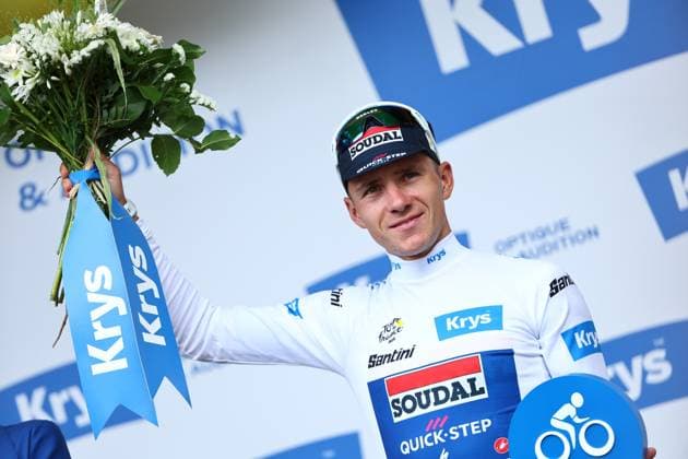 Belgian Remco Evenepoel of Soudal Quick-Step celebrates on the podium in the white jersey for best young rider after stage 3 of the 2024 Tour de France cycling race, from Plaisance, Italy to Turin, Italy (230,5 km) on Monday 01 July 2024. The 111th edition of the Tour de France starts on Saturday 29 June and will finish in Nice, France on 21 July. DAVIDxPINTENS  x95640154x