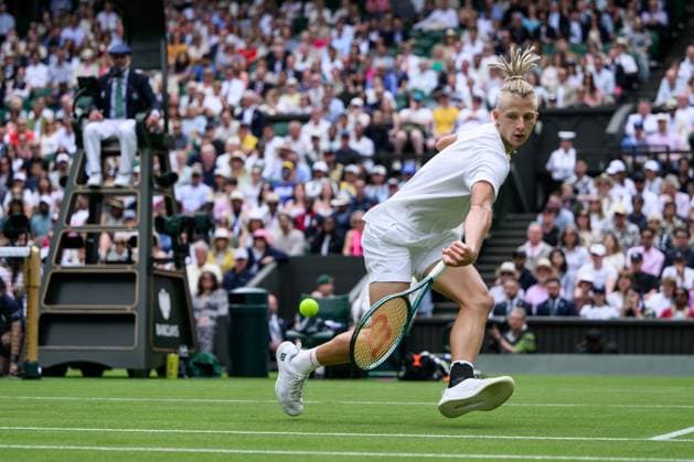 240701 Mark Lajal of Estonia competes in a first round singles tennis match during day 1 of Wimbledon on July 1, 2024 in London Photo Jesper Zerman BILDBYRAN kod JZ JZ0547 tennis wimbledon day 1 bbeng  Copyright: JESPERxZERMAN BB240701JZ065