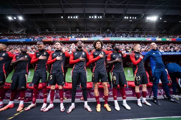 GER, Euro 2024, Round of sixteen, France FRA vs Belgium BEL 01 07 2024, MERKUR SPIEL ARENA Arena Düsseldorf , Düsseldorf, GER, Euro 2024, Round of sixteen, France FRA vs Belgium BEL In the picture Substitute bench during the anthem Jan Vertonghen Belgium Belgium BEL, 5 Axel Witsel Belgium Belgium BEL, 6 Orel Mangala Belgium Belgium BEL, 18 Arthur Vermeeren Belgium Belgium BEL, 23 nordphotoxGmbHxx xChristianxSchulze nph000300