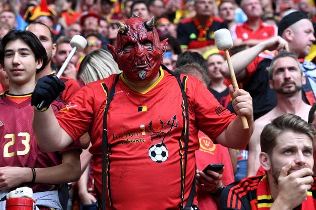 Soccer UEFA EURO 2024 round of 16 France Belgium on 01 07 2024 at the Düsseldorf Arena in Düsseldorf Fans spectators Belgium with drum and Red Devil mask xRx