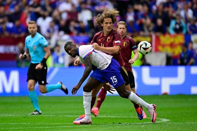 France v Belgium Round of 16 - UEFA EURO, EM, Europameisterschaft,Fussball 2024 DUSSELDORF, GERMANY - JULY 01 : Marcus Thuram forward of France and Faes Wout defender of Belgium during the UEFA EURO 2024 European Football Championship tournament round of 16 match between France and Belgium at Dusseldorf Arena on July 1, 2024 in Dusseldorf, Germany, 01 07 2024 Dusseldorf Germany  Copyright: xPeterxDexVoechtx