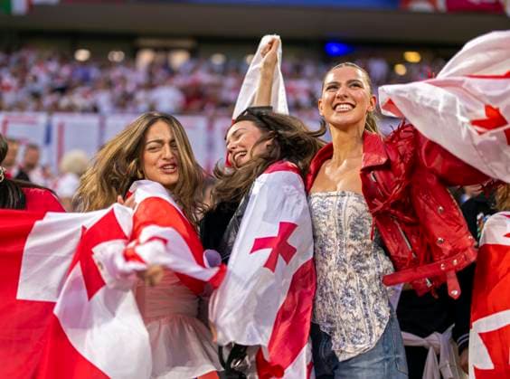 30 06 2024, Football UEFA EURO 2024, Round of 16, Spain Georgia, at Cologne Stadium, Female fans from Georgia celebrate despite their teams defeat