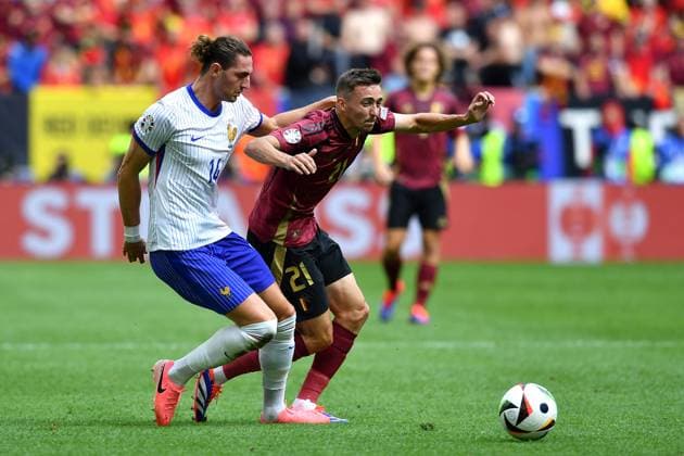 Soccer UEFA EURO 2024 Round of 16 France Belgium on 01 07 2024 at the Düsseldorf Arena in Düsseldorf Adrien Rabiot France , left Timothy Castagne Belgium , right xRx