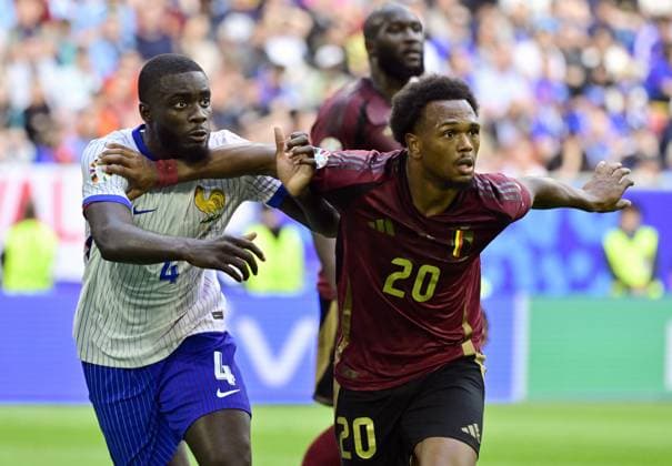 France s Dayot Upamecano and Belgium s Lois Openda pictured in action during a soccer game between France and Belgian national soccer team Red Devils, Monday 01 July 2024 in Dusseldorf, Germany, the Round of 16 game in the UEFA EURO, EM, Europameisterschaft,Fussball 2024 European championships. DIRKxWAEM  x95643211x
