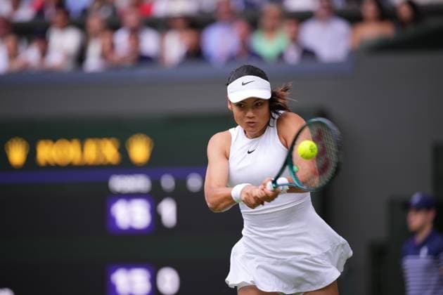 LONDON, ENGLAND - JULY 01: Emma Raducanu of Great Britain plays a backhand against Renata Zarazua of Mexico in the Ladies Singles first round match on day one of The Championships Wimbledon 2024 at All England Lawn Tennis and Croquet Club on July 01, 2024 in London, England  Copyright: xx