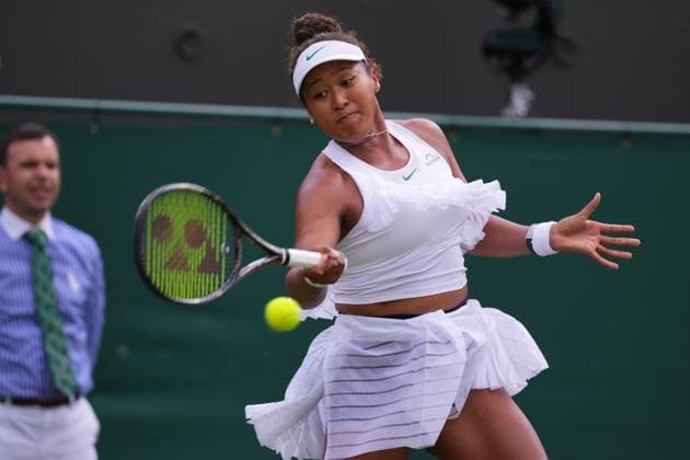 LONDON, ENGLAND - JULY 01: Naomi Osaka of Japan plays a shot against Diane Parry of France in her Ladies Singles first round match during day one of The Championships Wimbledon 2024 at All England Lawn Tennis and Croquet Club on July 01, 2024 in London, England  Copyright: xx