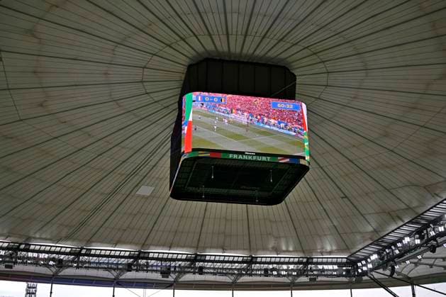 01 07 2024, Football UEFA EURO 2024, Round of 16, Portugal Slovenia, in the Frankfurt Arena Frankfurt am Main, The match between France and Belgium will be shown on the video screen