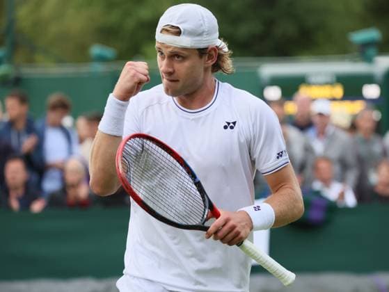 Belgian Zizou Bergs reacts at a tennis match between Belgian Bergs and French Cazaux, in the first round of the men s singles competition of the 2024 Wimbledon grand slam tournament at the All England Tennis Club, in south-west London, Britain, Monday 01 July 2024. BENOITxDOPPAGNE  x95648749x