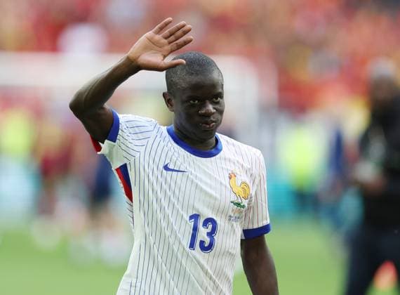 Dusseldorf, Germany, 1st July 2024. N Golo Kante of France celebrates at the final whistle during the UEFA European Championships Round of 16 match at Dusseldorf Arena, Dusseldorf. Picture credit should read: Paul Terry Sportimage EDITORIAL USE ONLY. No use with unauthorised audio, video, data, fixture lists, club league logos or live services. Online in-match use limited to 120 images, no video emulation. No use in betting, games or single club league player publications. SPI-3216-0074