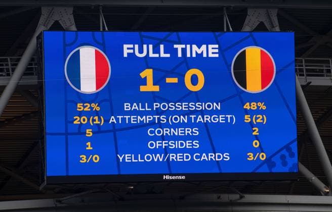 Football, men, season 2023 24, Euro 2024 round of 16 in Düsseldorf, France Belgium, scoreboard with 1 0 final score, 01 07 2024, Copyright: xSebastianxRäppold MatthiasxKochx