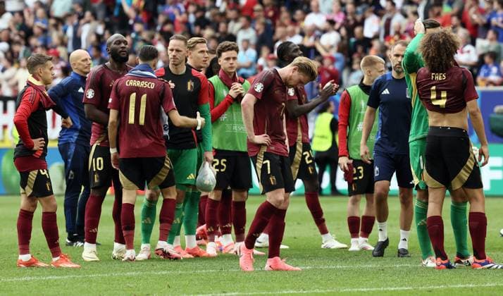 Belgium s Kevin De Bruyne reacts after they lost 1-0 at a soccer game between France and Belgian national soccer team Red Devils, Monday 01 July 2024 in Dusseldorf, Germany, the Round of 16 game in the UEFA EURO, EM, Europameisterschaft,Fussball 2024 European championships. BRUNOxFAHY  x95651902x