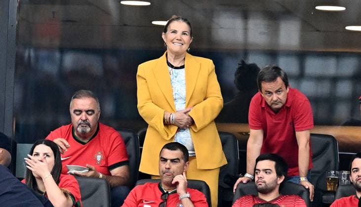 01 07 2024, xscotx, Football EM 2024 round of 16, Portugal Slovenia, emspor, v l Maria Dolores dos Santos Aveiro mother mom of Cristiano Ronaldo in yellow suit Frankfurt am Main