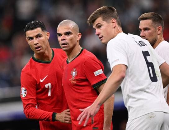 Germany Soccer Euro 2024 Portugal - Slovenia 8720748 01.07.2024 From left, Portugal s Cristiano Ronaldo, Portugal s Pepe and Slovenia s Jaka Bijol are seen during the UEFA EURO, EM, Europameisterschaft,Fussball 2024 round of 16 soccer match between Portugal and Slovenia at the Frankfurt Arena in Frankfurt am Main, Germany. Alexey Filippov Sputnik Germany  Copyright: xAlexeyxFilippovx