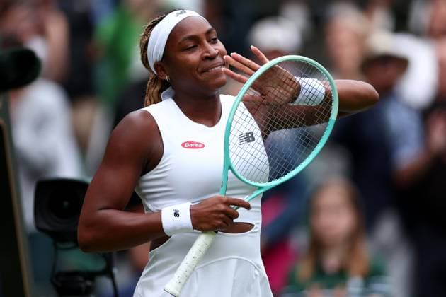 1st July 2024; All England Lawn Tennis and Croquet Club, London, England; Wimbledon Tennis Tournament, Day 1; Coco Gauff (USA) celebrates after she wins her first round match against Caroline Dolehide (USA)  ActionPlus12662462 ShaunxBrooks